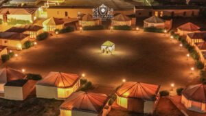 Aerial view of Suryansh luxury desert camp in Jaisalmer at night