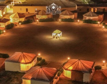 Aerial view of Suryansh luxury desert camp in Jaisalmer at night