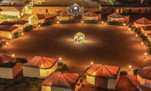Aerial view of Suryansh luxury desert camp in Jaisalmer at night